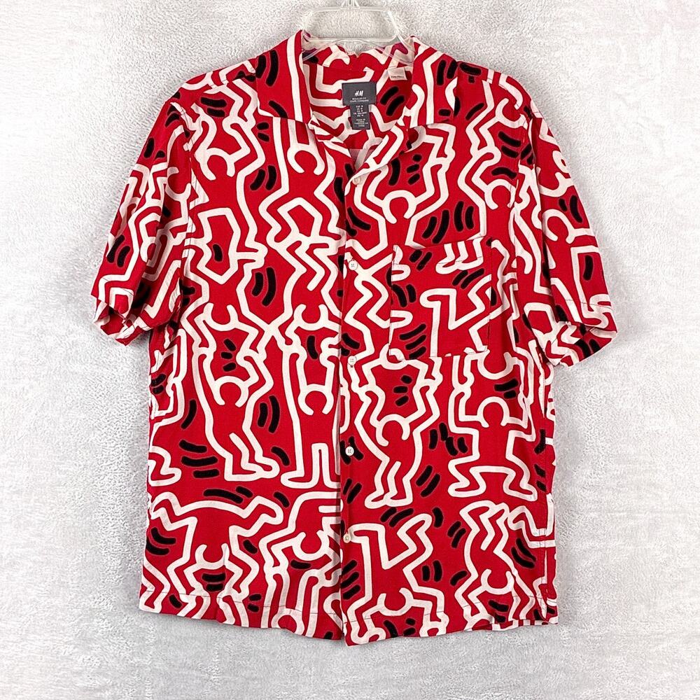 Keith Haring x H&M Camp Shirt Mens M Red White Pop Art Graffiti Streetwear